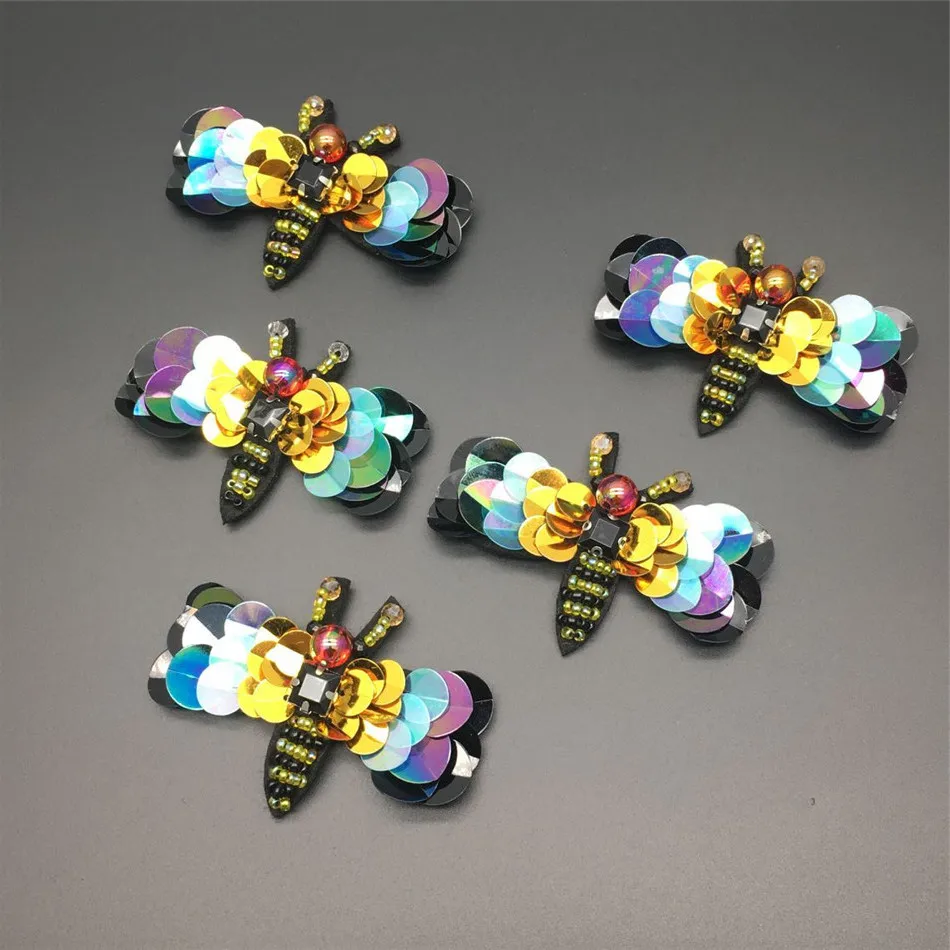 

5Pcs/lot colorful Bees 3D Handmade Rhinestones Beaded patches Sew on sequin patch for clothing beading Applique cute patch