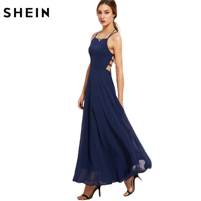 SHEIN Occasion Elegant Dresses Spaghetti Strap Party Dress Ladies Navy Lace Up Back Sleeveless