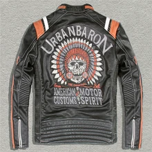 URBANBARON, мужская кожаная мотоциклетная куртка в стиле панк с вышивкой черепа, винтажная Черная куртка из натуральной кожи, Мужская байкерская куртка