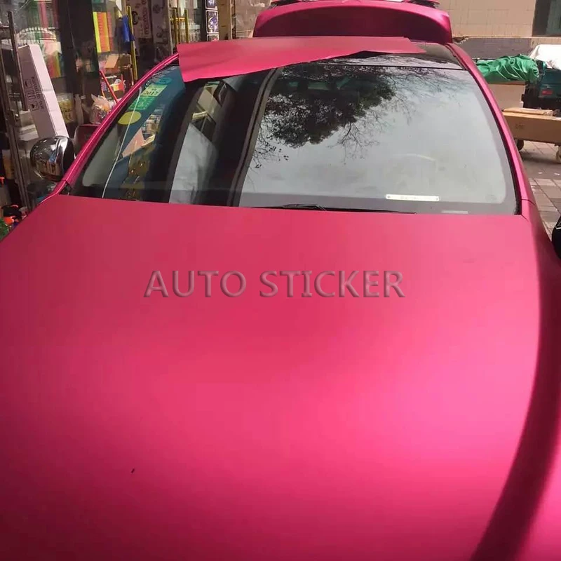

Rose Red Satin Matt Chrome Vinyl Wrap Metallic Matt Hot Pink with Air Bubble Free Matt Chrome Foil Car Wrap Film 1.52x20m/Roll