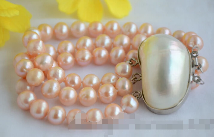 

Free shipping >>>>>>p6563 3strands 8inch 9mm round pink freshwater pearl bracelet mabe clasp