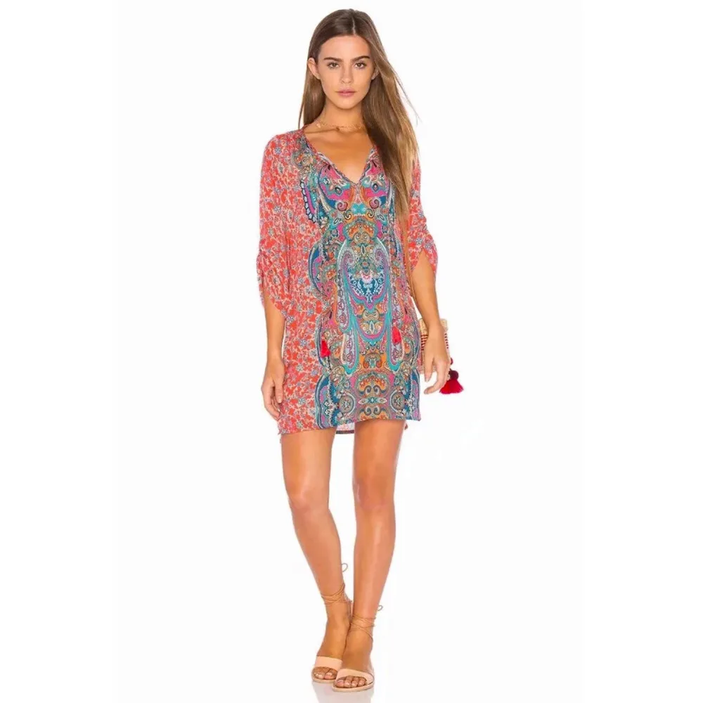 

Bow Tie Three Quarter Sleeve Floral Print Tunic 2018 Sexy Vestidos De Fiesta Party Dresses Women Summer Beach Dress