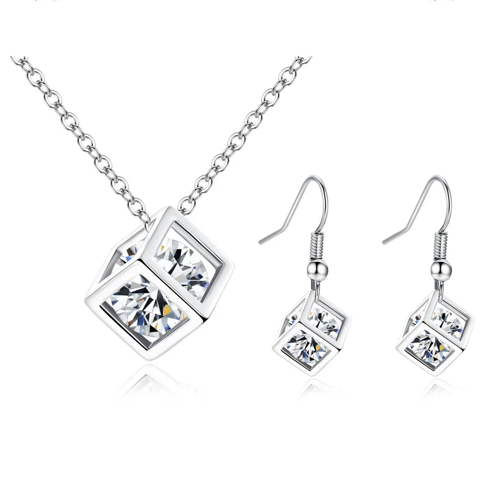 

CBO53 Simple Rubik's Cube Jewelry Cubic Zircon Square Earrings Necklace Set