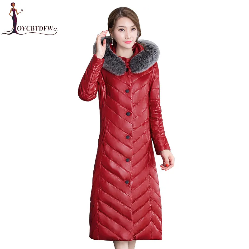 

Large size 5XL Winter Down Jacket Female parkas New Fox Fur Collar Sheep Leather Coat Long Women Down Outerwear Leather Coat 818