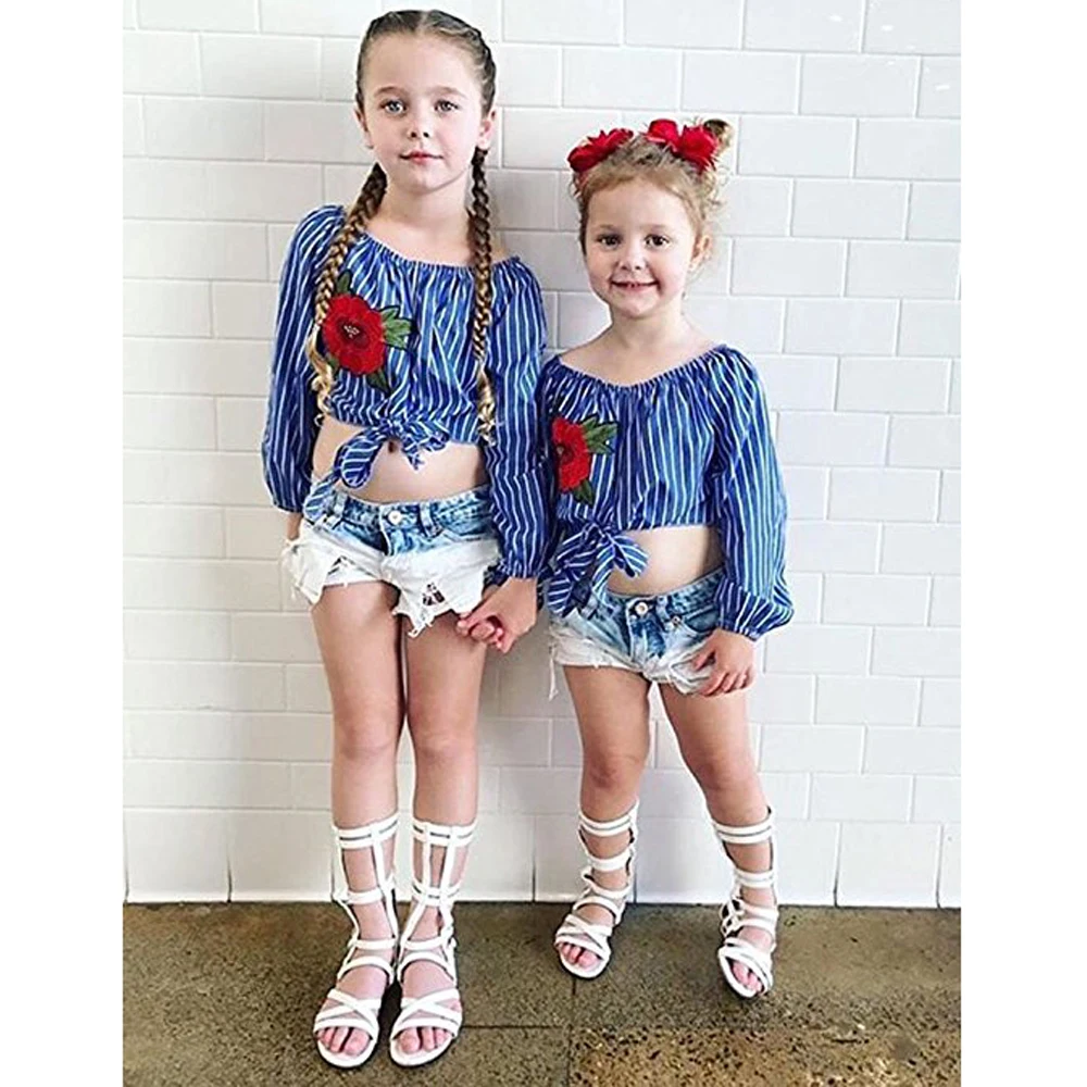 Kid Baby Girls Denim Off Shoulder Strappy Crop Top Shorts Outfits Clothes Summer