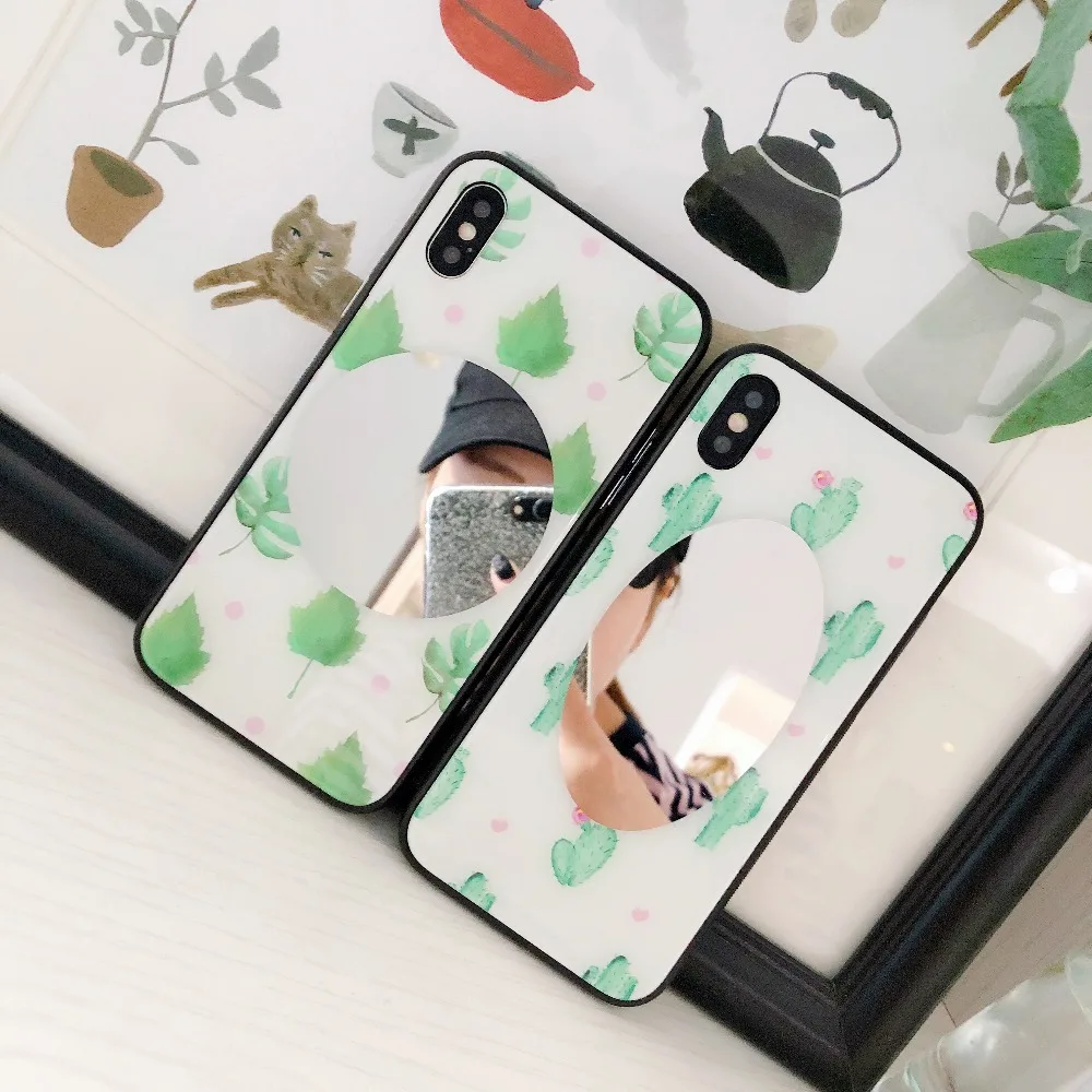 

PEIPENG for iPhone 7 7Plus 6 6S 6Plus 8 8Plus X XR XS Max TPU minimalist art leaf cactus lovely HD mirror Anti-drop phone case