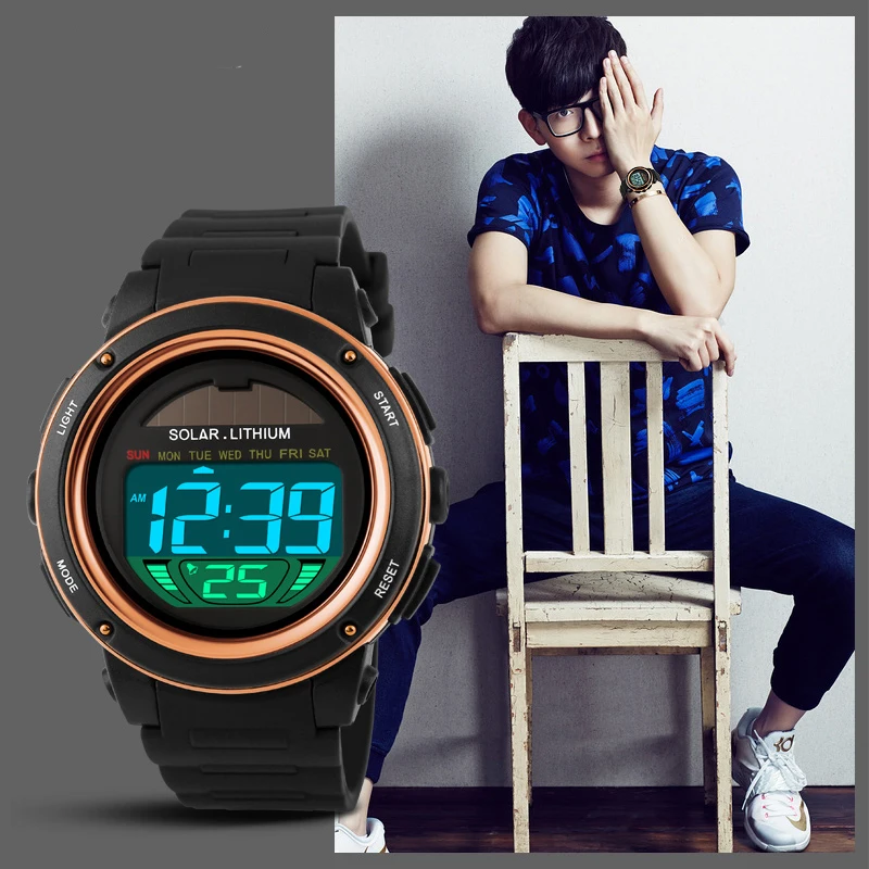 SKMEI عارضة الطاقة الشمسية 50 M مقاومة للماء المعصم الرياضة في الهواء الطلق الساعات الرجال صدمة ساعة رقمية Relogio Masculino