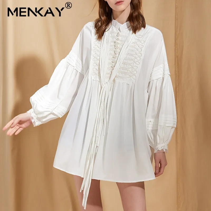 

[MENKAY] 2019 New Summer Stand Collar Long Lantern Sleeve plus size Bandage Shirt Dress Casual holiday ladies beach dresses