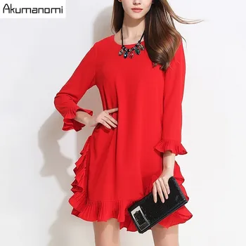 

Autumn Winter Dress Solid Black Red O-neck Wrist Flare Sleeve Pleated Hem Women Clothes Spring Dress Plus Size Hot New 5XL 4XL-M