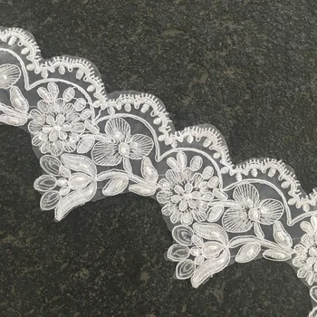 

2Yards/lot White Hollow-out Beads bridal lace trim for Wedding Dress DIY 11.5CM Wide