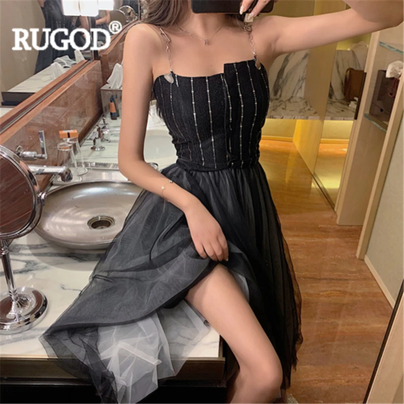

RUGOD Women long dress mesh metal spaghetti strap strapless patchwork asymmetrical high waist fashion elegant party maxi dress