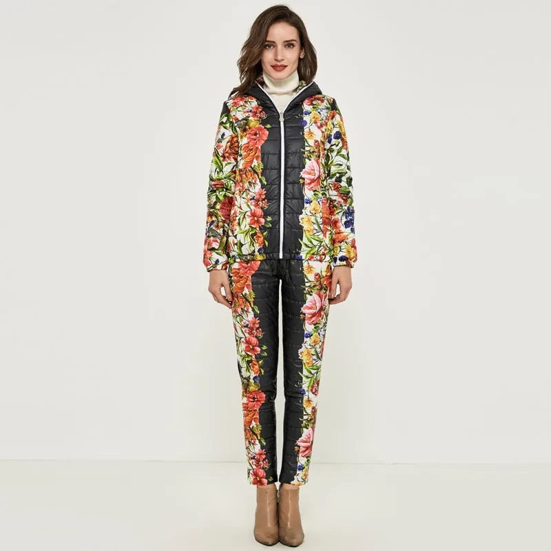 HEE GRAND зимняя куртка женская повседневная с цветочным принтом с капюшоном теплые базовые костюмы парки(комплект пальто+ брюки) зимняя верхняя одежда WAT270