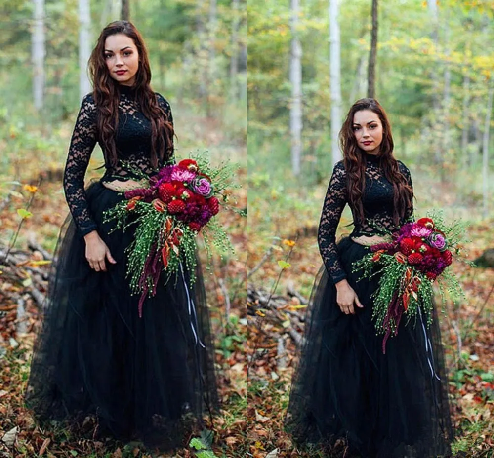 

2 Pieces Gothic Black Colorful Wedding Dresses With Lace Top Tulle Skit Floor Length Boho Informal country garden Bridal Gowns
