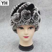 Зимние меховые шапки для женщин с натуральным кроликом Рекс Цветочные дамские шапочки шапка ручной вязки с кроличьим мехом s Дамская эластичная меховая шапка