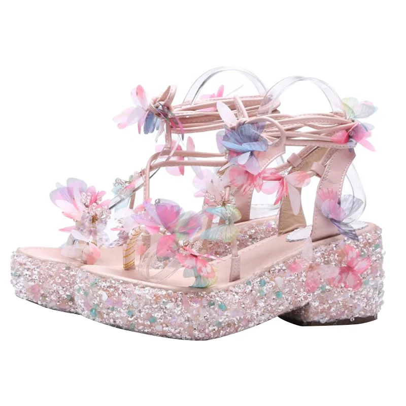 

Carole Levy 2019 New Fashionable Pink Sweet Open Toe Thick Sole Women Shoes Summer Cute Flowers Square Heels Female Sandals Shoe