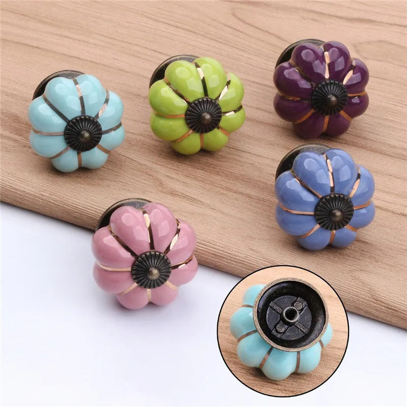 

ZENHOSIT Five-Color Ceramic Pumpkin Cartoon& Cute Style Single Hole Knob Furniture Drawer Dresser Knob Cabinet Kitchen Handles