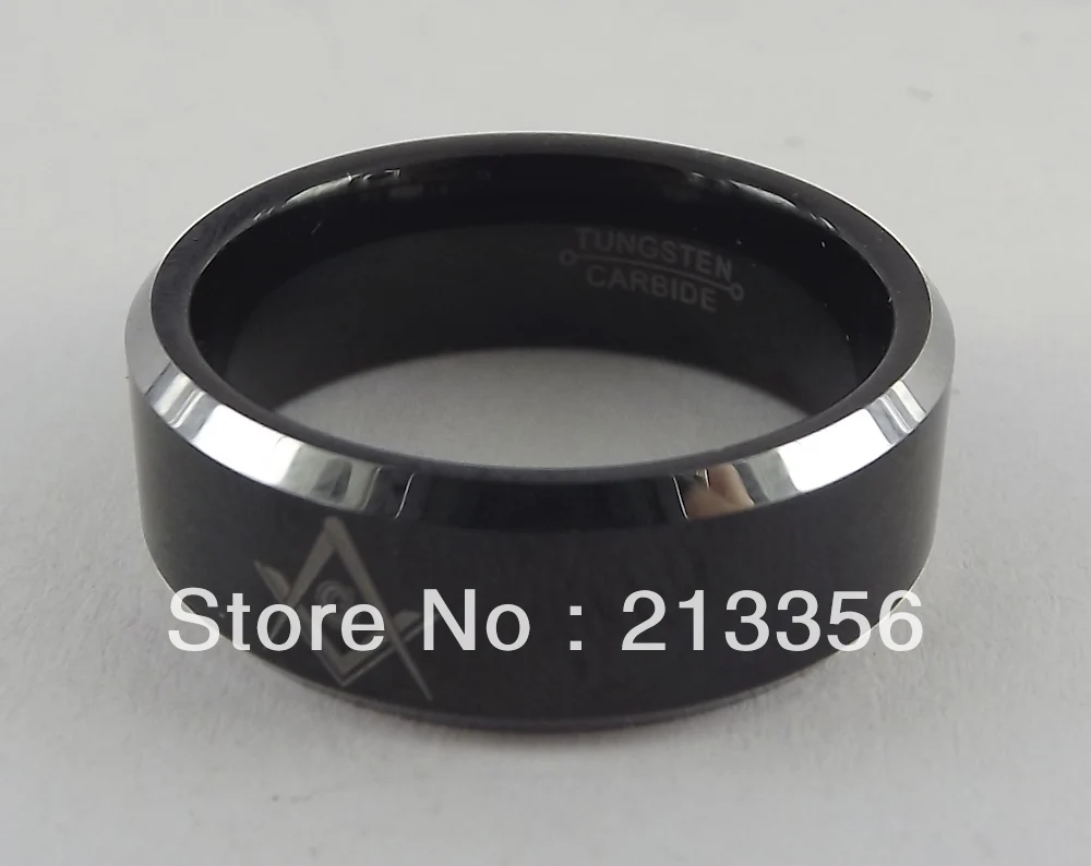 

E&C JEWELRY Free Shipping! Wholesales Price!USA Hot Selling Freemason Masonic Mens Black Tungsten Carbide Band Ring Beveled Edge