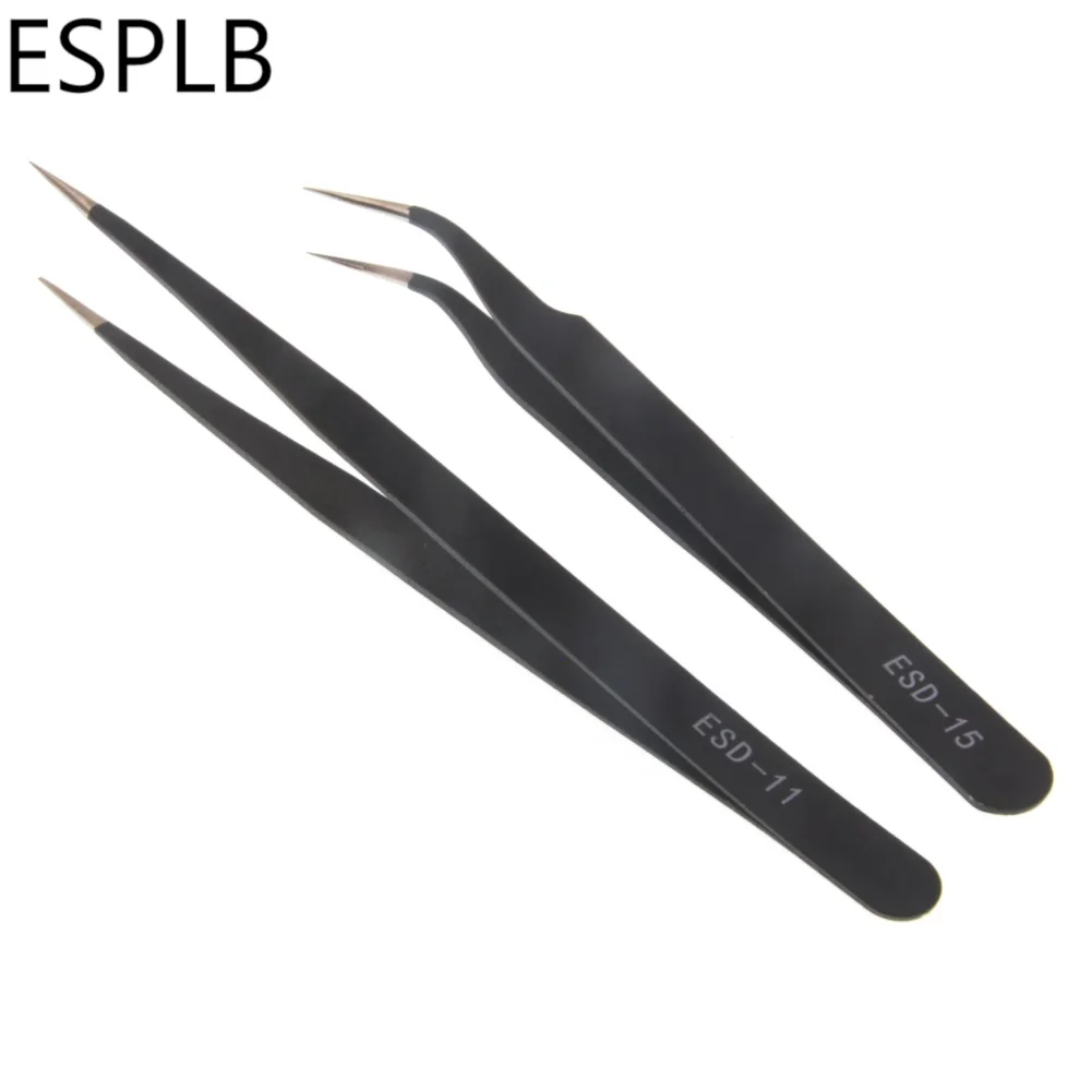 grizzly hand plane 2pcs/Set ESD 11/15 Anti Static ESD Stainless Steel Precision Tweezers Straight Curved Tip Tweezers for Electronics fore plane Hand Tools