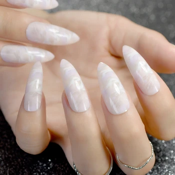 

UV Plastics Nails Super long White Clouds Pointed Press On Nails False Nail Tips Light Color Full Wrap 24pcs with Glue sticker