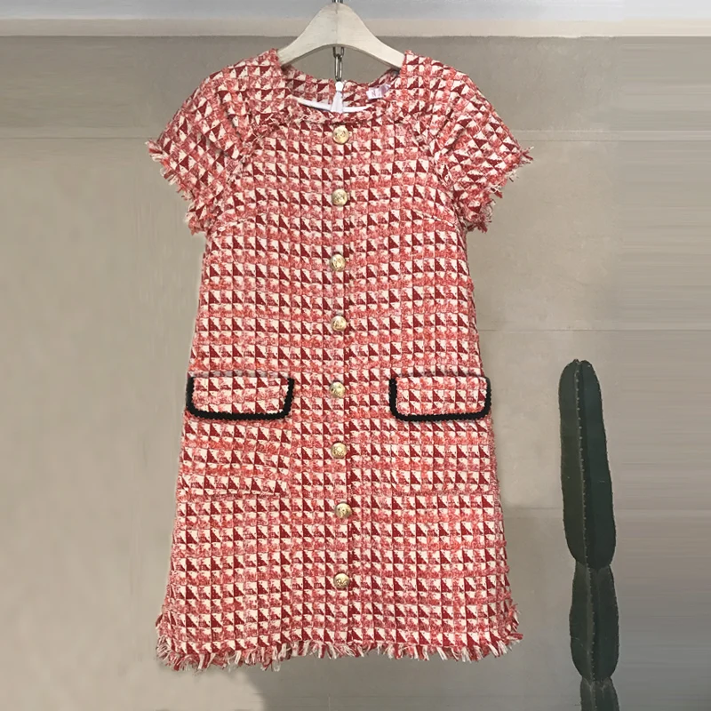 

HAMALIEL Autumn Winter Red Palid Tweed Loose Dress 2019 Runway Women Short Sleeve Tassel Single Breasted Ladies Casual Dresses