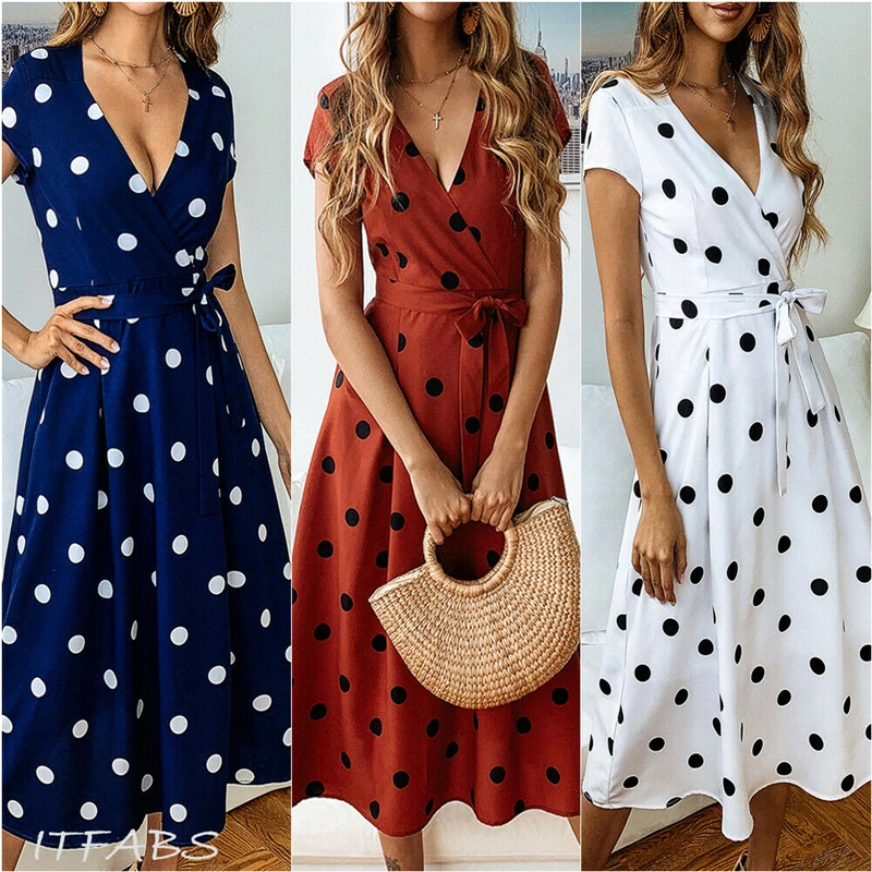 

2019 Fashion Summer Women Casual BOHO Beach Midi Dress Holiday Strappy Polka V-neck Short Sleeves printed Dresses
