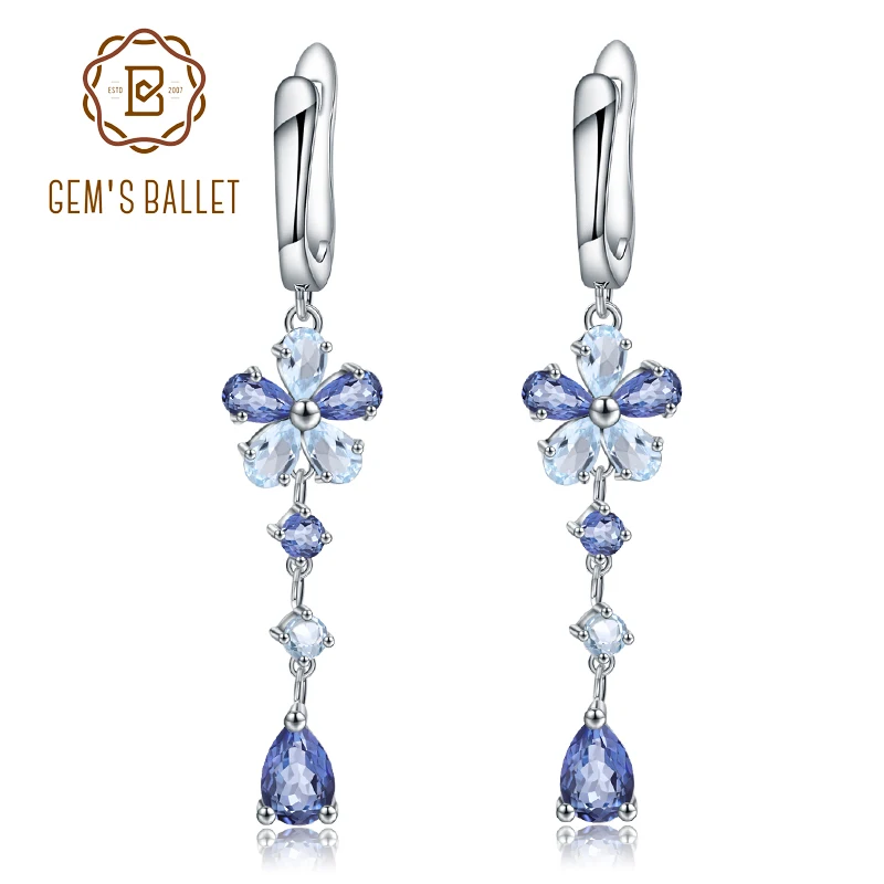GEM'S BALLET, натуральный иолит, голубой мистик, кварц, голубой топаз, 925 пробы, Серебряный цветок, висячие серьги, хорошее ювелирное изделие для женщин