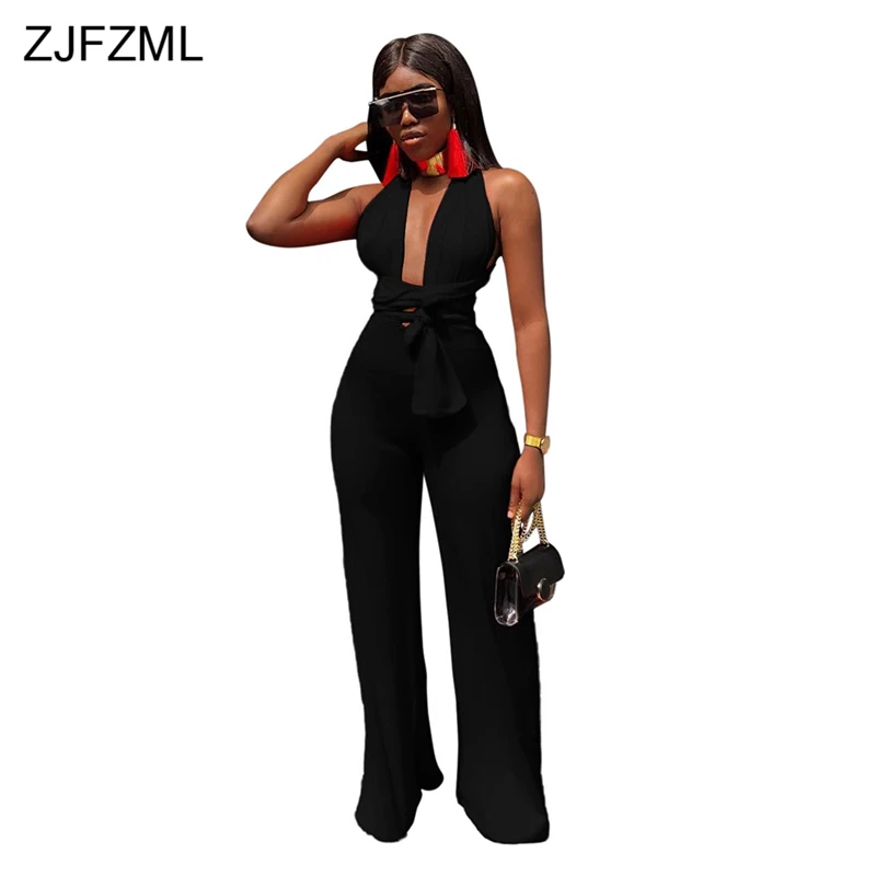 ZJFZML Sexy Backless Lace Up Bodycon Jumpsuit Women Deep V Neck Sleeveless Party Club Bodysuit 2018 Casual Solid Wide Leg Romper