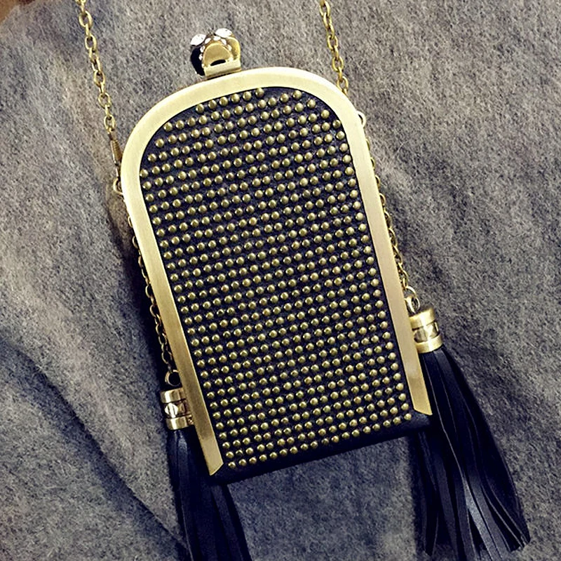

2016 hot fashion brand rivet punk skull pu leather tassel chain mini evening bag ladies handbag shoulder bag flap purse 2 colors