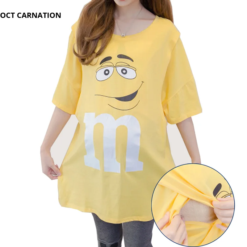 

Short Sleeve Long Style Nursing Shirt Pregnant Women T-shirt Print Letter Summer Funny Maternity Tee Blouse Breastfeeding