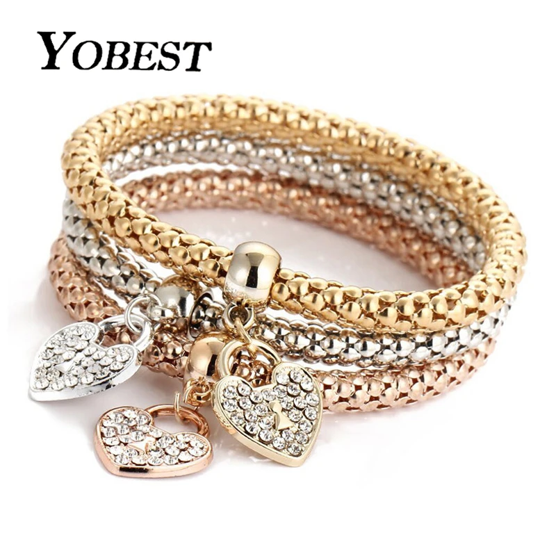 Yobest 3 шт./комплект хрустальные браслеты с сердечками для женщин браслет с бабочкой и усилителем браслет несколько форм эластичный