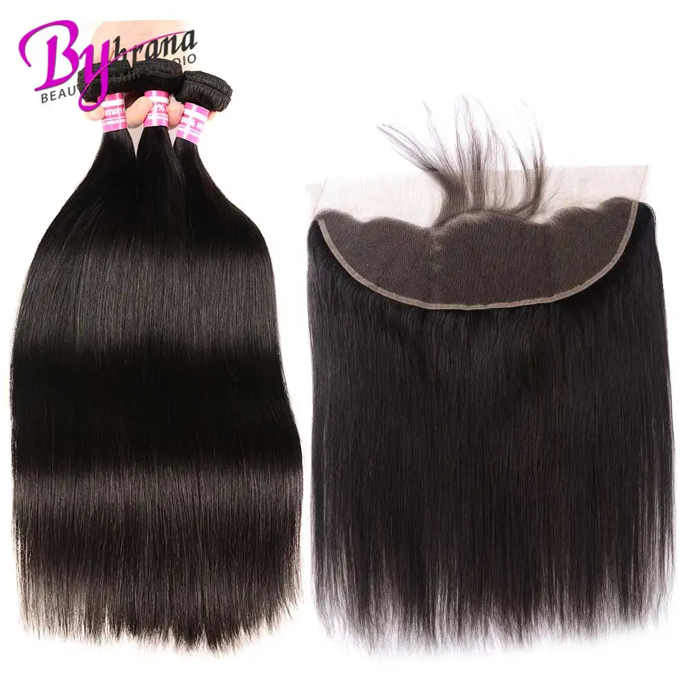 

Straight Remy Hair Bundles With Frontal Brazilian Natural Color Human Hair 18Inches Lace Frontal With Bundles 22 24 26 Bybrana