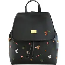 Ciervos de dibujos animados Vintage Animal Print Chica Ardilla Conejo Bordado de Las Mujeres de Cuero Negro de LA PU de Hombro Mochilas Mochila Bolsos Libro