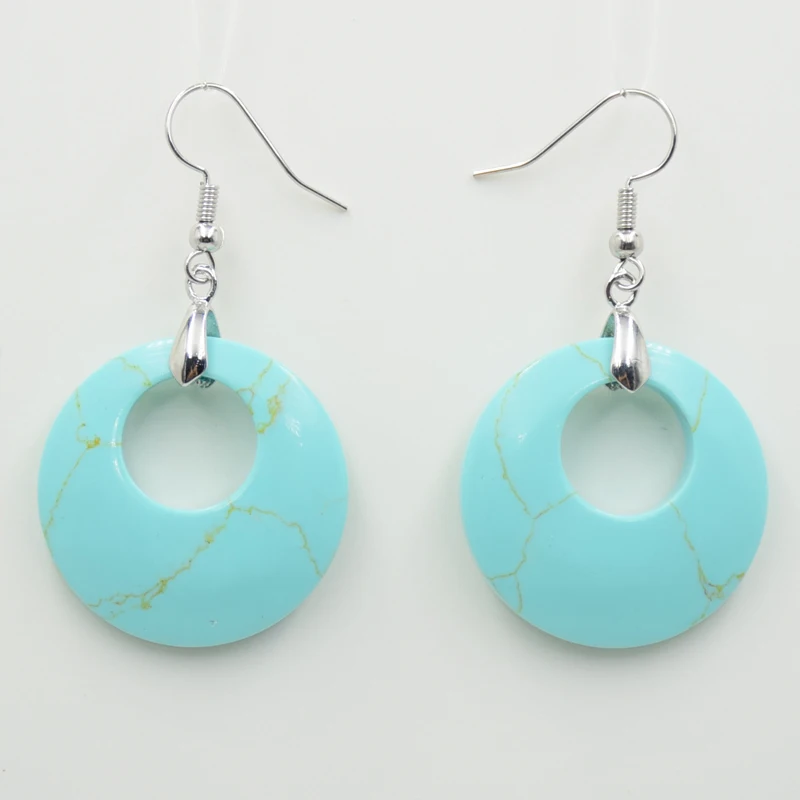 Round Hollow Circle Drop Earrings Natural Amethysts Pink Crystal Turquoises Tiger Eye Stone Women Jewelry Pendant Dangle Earring - Image 3