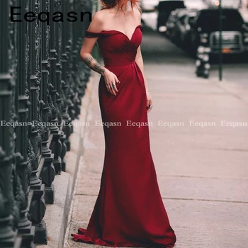 

Sexy Burgundy Long Mermaid Evening Dresses 2020 Off Shoulder V Neck Sweep Train Elegant Satin Formal Prom Dress Party Gala