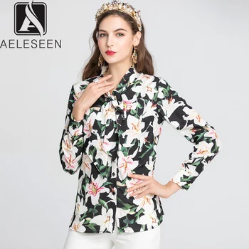 

AELESEEN High Street Lily Print Tops Women 2019 Autumn New Fashion Bow Tie Collar European Office Lady Elegant Floral Blouse