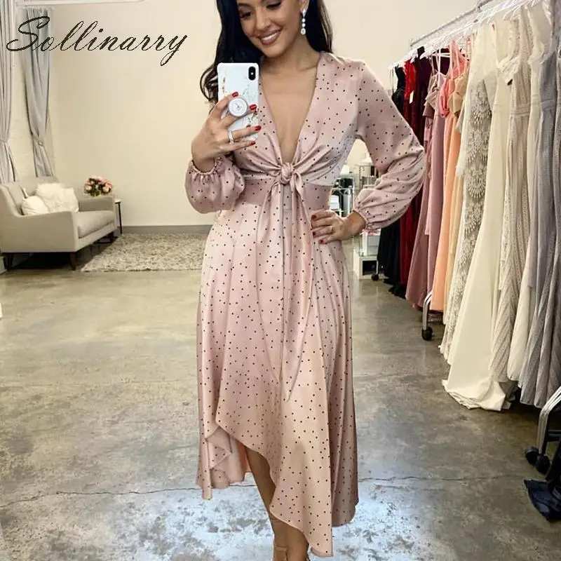 

Sollinarry Satin Women Autumn Winter Midi Dress Polka Dot Asymmetrical Bowknot Party Dress Female V Neck Sexy Dress Vestidos