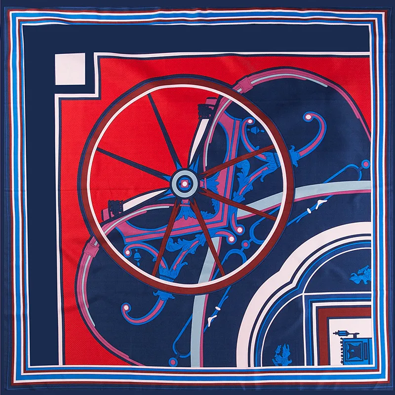 

POBING 100% Twill Silk Scarf Women Spain Wheels Print Square Scarves Big Bandana Kerchief Hijab Scarf Female Head Scarf Foulard