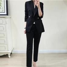 Повседневные рабочие однотонные женские брючные костюмы с зубчатым воротником Блейзер куртка и брюки-карандаш черный женский костюм весна высокое качество 5XL