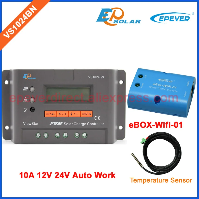 

12V 10A controller excellent EMC design for off-grid system VS1024BN 24V temperature sensor eBOX-Wifi-01 APP use