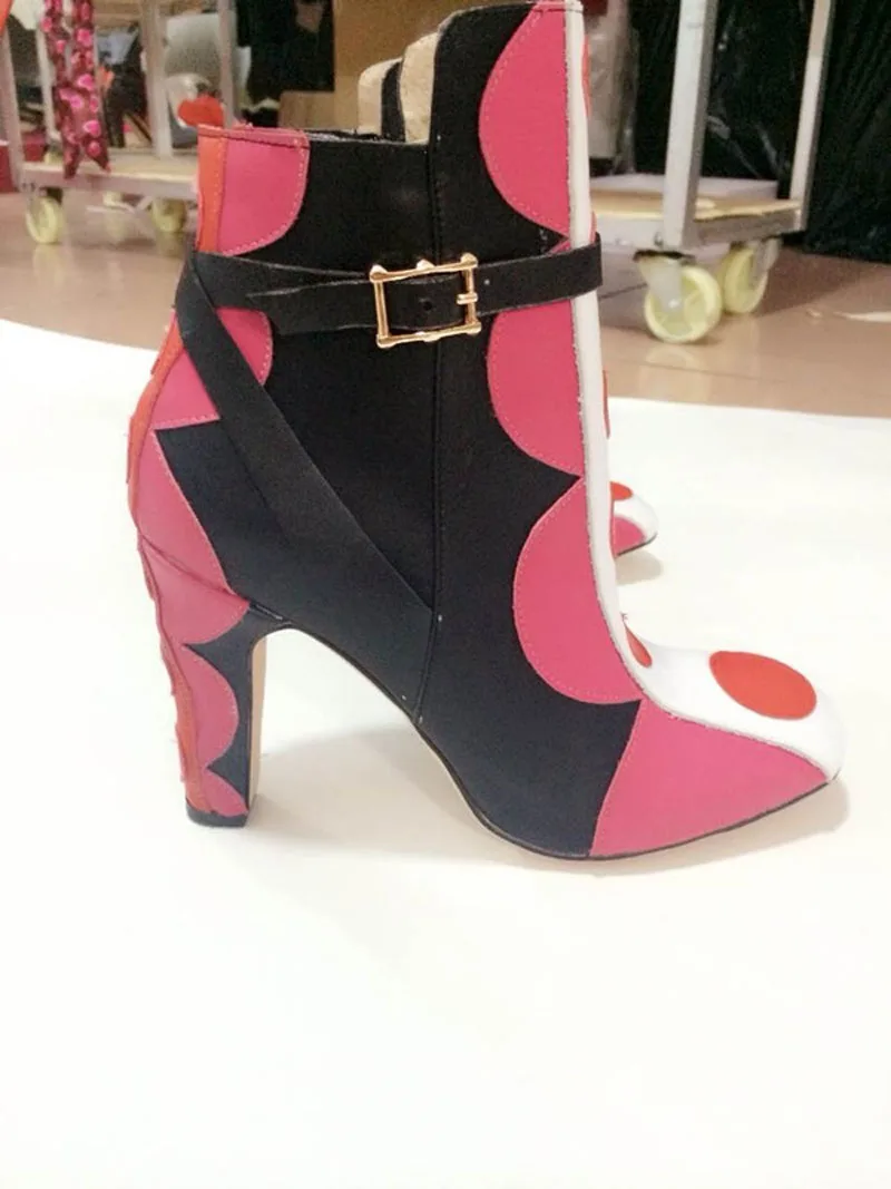 

Sweetie Red Dots Design Square Toe Fashion Shoes Ankle Buckle Strap Short Boots Patchwork Chunky heels Ankle Boots Free Shipping