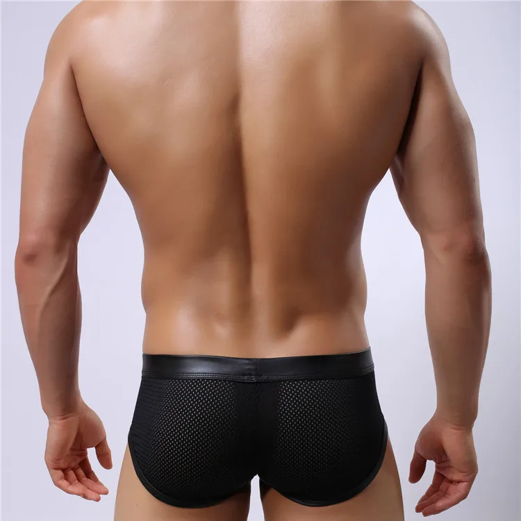 Sexy Gay Underwear Men Mesh Faux Leather Boxers Shorts Man Breathable Low Rise U Convex Pouch Underpants Cueca calzoncillo S-L