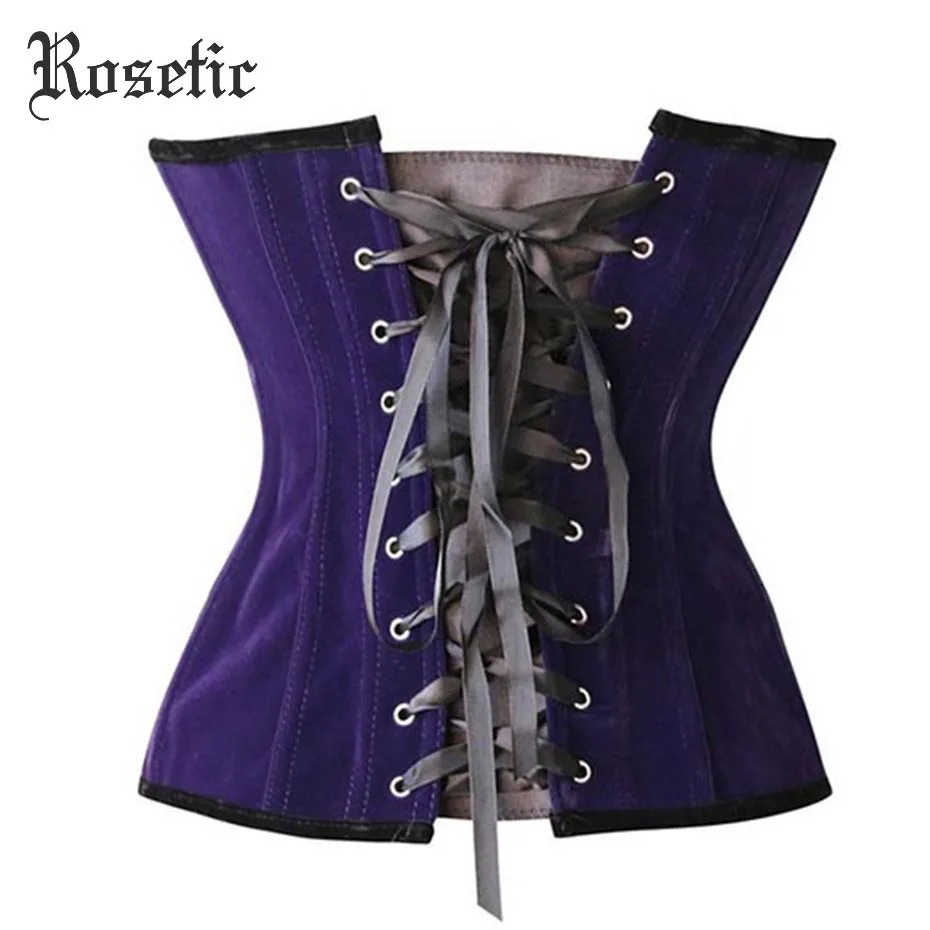 Rosetic Bustier Corsets Women Lace-Up Gothic Corset Vintage Sexy Tops Retro Zipper Purple Tight Goth Corselets Underbust Corsets