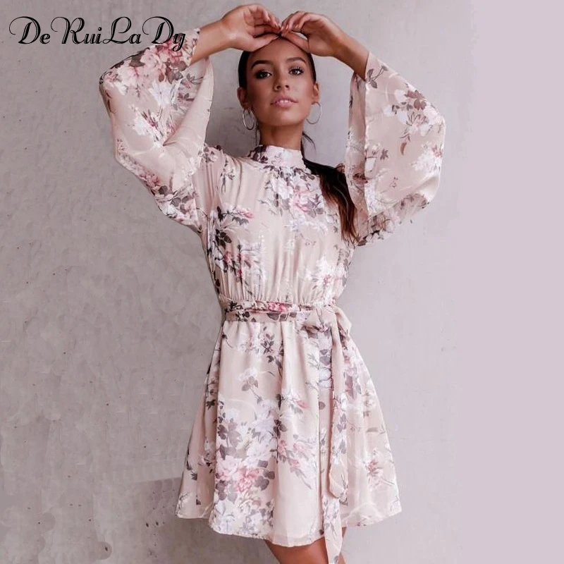

DeRuiLaDy Sexy Backless Lace Up Flower Print Chiffon Dress Women Flare Sleeve Summer Dresses Casual Beach Mini Dress Vestidos