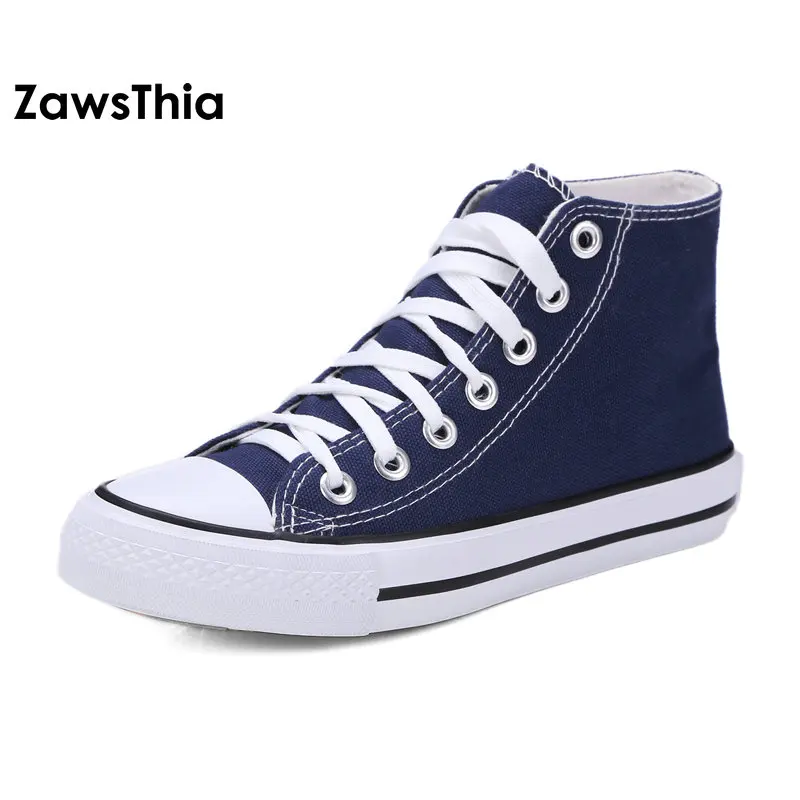 ZawsThia/Вулканизированная Повседневная летняя обувь на плоской подошве Женская прогулочная обувь унисекс на шнуровке парусиновая обувь женские кроссовки с высоким берцем; Размеры 35-45 - Цвет: navy