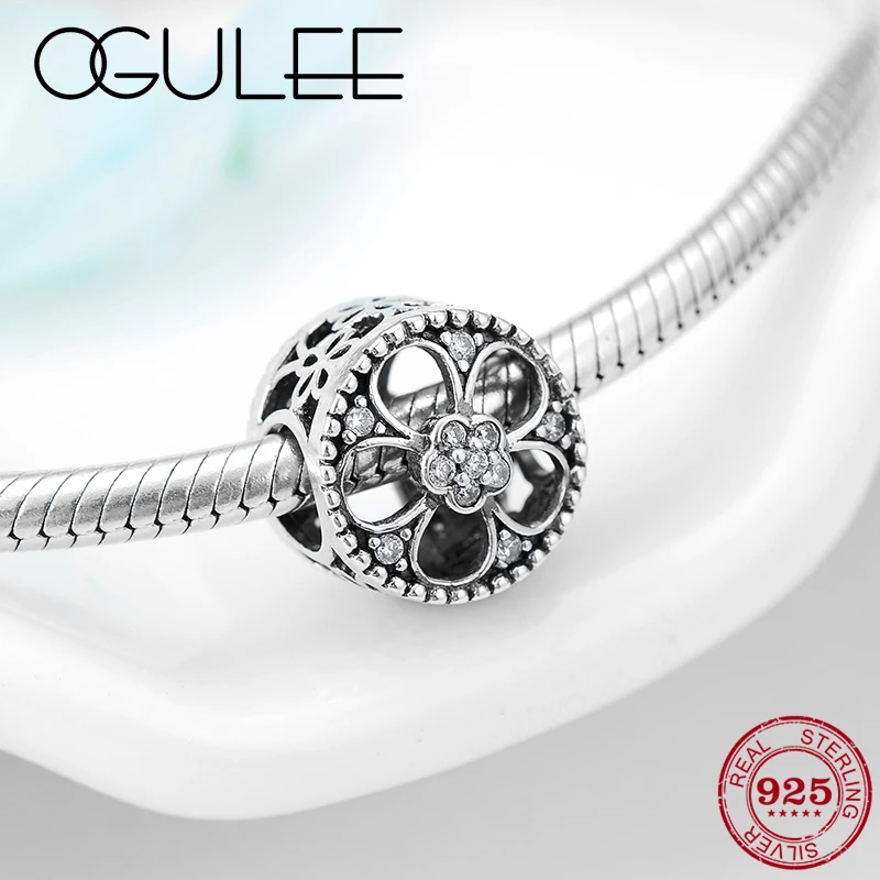 

Spring Beautiful flowers 925 Sterling Silver Clear CZ Hollow Beads Charms Jewelry making Fit Original Pandora Charm Bracelet