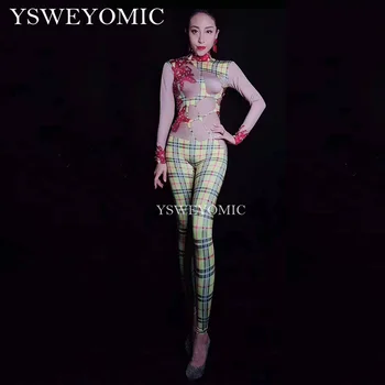 

Yellow red print Nude Costume One-piece Bodysuit Nightclub Stage Dance Wear Dance jumpsuit for women YSW6647