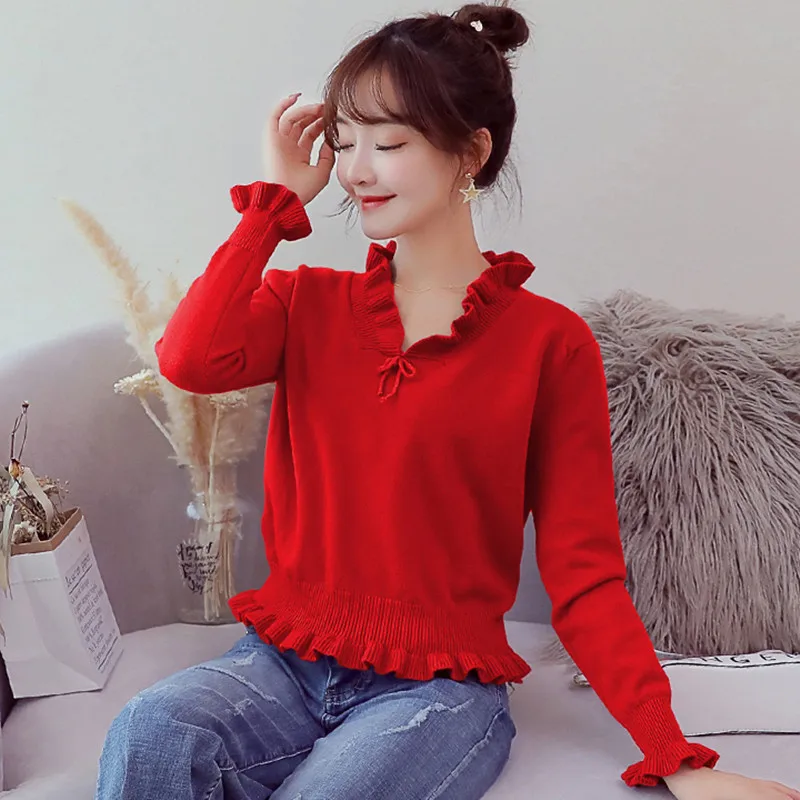 Japanese Style Cute Sweater Bow Tied Ruched V Neck Sweater Cropped Knitted Pullovers High Waisted Peplum Ladies Jumpers Japanese Style Cute Sweater Bow Tied Ruched V Neck Sweater Cropped Knitted Pullovers High Waisted Peplum Ladies Jumpers