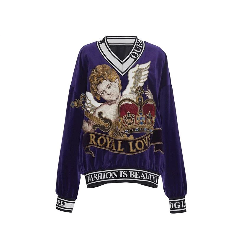 

Luxury Designing 2019 Spring Streetwear Women Loose Hoodies Character Angel Embrodiery Velous Pullovers Sweatshirts Quality Tops