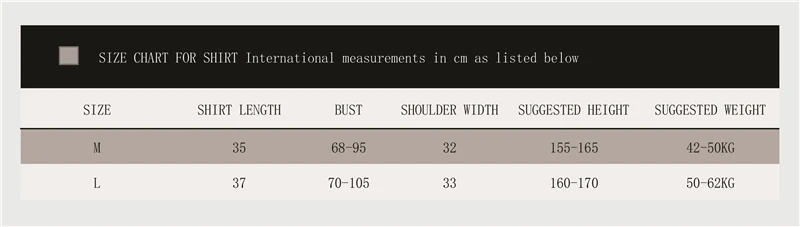 Indian Dance Shirt Size Chart