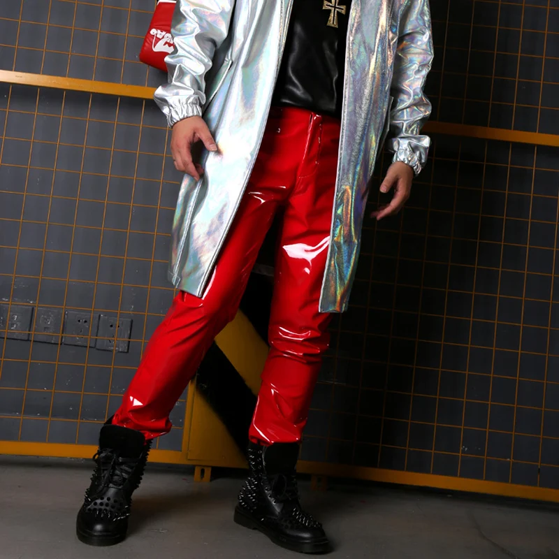 M-5XL! Мужские брюки больших размеров; Новинка года; Красные эластичные брюки из лакированной кожи; сценический костюм диджея